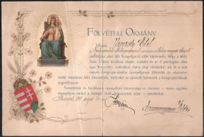 1918 Bp., Felvételi okmány a Mária-kongregációba, díszes, litografált emléklap, törésnyomokkal, középen hajtva, 37x25 cm