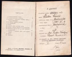 1913 Szeged, M. Kir. Állami Gyermekmenhely gyermektartási könyve, a kötéstől részben elvált borítóva...