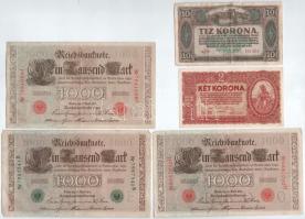 Vegyes: Német Birodalom 1910. 1000M (7x) + Magyaroszág 1920. 2K + 10K T:III Mixed: German Empire 1910. 1000 Mark (7x) + Hungary 1920. 2 Korona + 10 Korona C:F