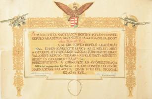 1944 vitéz Horthy István repülőakadémia oklevele repülős hadnagy részére vitéz Bánfalvy István vezérőrnagy, a légierő parancsnokának aláírásával. Hajtva. 70x50 cm