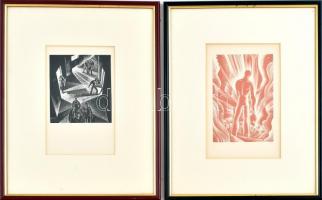 Lynd Ward: Wild Pilgrimage (1932) c. könyvéből 2 db fametszetű illusztráció, jelzés nélkül, 16,5x11 és 12,5x11 cm, plexiüvegezett fa keretben