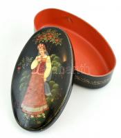 Szovjet alumínium, kézzel festett doboz, jelzett, kopott, 15x9 cm