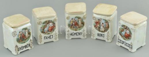 Victoria csehszlovák porcelán fűszertartó szett, 5 db-os. Matricás, irizáló réteggel, jelzett, kopottas, kis csorbával, m: 9 cm