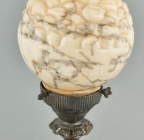 Bronz asztali lámpa, öntött üveg burával. 43 cm