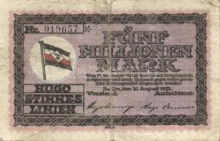 Német Birodalom/Weimari Köztársaság/Hamburg/Hugo Stinnes Linien 1923.8.10. 5000.000M fekete sorszámmal T:III