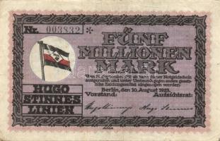 Német Birodalom/Weimari Köztársaság/Hamburg/Hugo Stinnes Linien 1923.8.10. 5000.000M fekete sorszámmal T:III