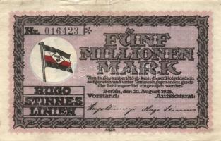 Német Birodalom/Weimari Köztársaság/Hamburg/Hugo Stinnes Linien 1923.8.10. 5000.000M fekete sorszámmal T:III