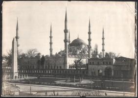 cca 1910-1920 Isztambul, Ahmed szultán dzsámija (Kék mecset), híd villamossal és gőzhajókkal, városi látképek, 4 db nagyméretű fotó, 38x25 cm és 39,5x28,5 cm közötti méretben / cca 1910-1920 Istanbul, Sultan Ahmet Camii (Blue Mosque), bridge with tram and steamships, general view, 4 large-size vintage photos, between 38x25 cm and 39.5x28.5 cm