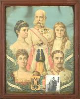 cca 1890 A Habsburg császári-királyi család Erzsébettel (Sisi), Ferenc Józseffel stb., kromolitográfia, papír, üvegezett fa keretben, 41x31 cm, lap alján egy későbbi, ismeretleneket ábrázoló fotóval