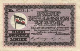 Német Birodalom/Weimari Köztársaság/Hamburg/Hugo Stinnes Linien 1923.8.10. 5000.000M fekete sorszámmal T:III