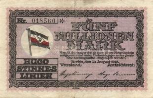 Német Birodalom/Weimari Köztársaság/Hamburg/Hugo Stinnes Linien 1923.8.10. 5000.000M fekete sorszámmal T:III