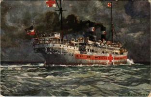 1916 Lazarettschiff. Münchener Künstlerkarte No. 16. / WWI German Navy (Kaiserliche Marine) art postcard, hospital ship s: M. Zeno Diemer + K.U.K. ETAPPENPOSTAMT 142 (EB)