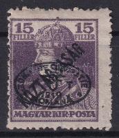 Debrecen I. 1919 Károly/Köztársaság 15f bélyeg Bodor vizsgálójellel (6.500)