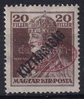 Debrecen I. 1919 Károly/Köztársaság 20f bélyeg piros színű felülnyomattal, Bodor vizsgálójellel (13.000) (gumihiba / gum disturbance)