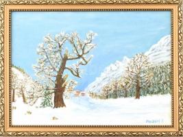 Megyeri József (?-): Téli táj. Olaj, farost. Dekoratív fa keretben, 33×45 cm