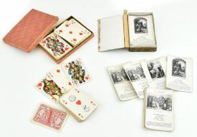 3 pakli kártya, sérült, (Magyar történelmi kártya, 2 pakli francia kártya Piatnik Nándor és Fiai kiadásában, m, kir. kártyabélyeggel ellátva)