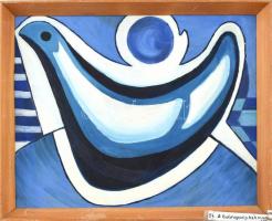 G. Szántó András (?-2002): A boldogság kék madara. Olaj, farost, jelzett a hátoldalán pecséttel. Fa keretben. 34x40 cm