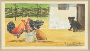 Kovács jelzéssel: Baromfik a ház előtt. Akvarell, papír, jelzett, üvegezett fa keretben. 8x16 cm