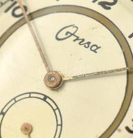 Onsa mechanikus, barna bőrszíjas férfi karóra, korának megfelelő állapotban. d: 34mm, működik