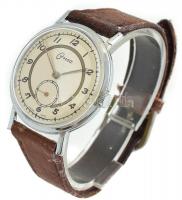 Onsa mechanikus, barna bőrszíjas férfi karóra, korának megfelelő állapotban. d: 34mm, működik