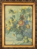Olvashatatlan jelzéssel: Virágcsendélet. Akvarell, papír. Dekoratív, üvegezett fa keretben. 41x59 cm