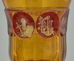 Biedermeier hámozott emlékpohár, szép gravírozott szimbólumokkal, kopott, apró csorba, XIX. század k...