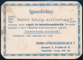 1927 Norma cipőkereskedelmi rt. vásárlási kedvezményre jogosító igazolvány Gombos Mihály altábornagy részére, 10x7 cm