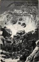 1915 Einschlagende Geschosse in einem Fort bei Lüttich / A németek győzelmes harcok árán meghódítják Belgiumot / WWI German military art postcard, artillery hitting the fort near Liege (EK)