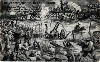 1915 Die Winterschlacht in Ostpreußen. Fluchtartiger Rückzug der Russen bei Sentken, wobei größere Geschütze in den Sümpfen versenkt wurden / WWI German military art postcard, fleeing Russians (EK)