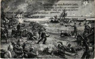 1915 Erstürmung von Antwerpen. Engländer und Belgier wurden am 10. Okt. über die Schelde zurückgeworfen / Német katonák halált megvető támadásai az egyesült angolok és belgák ellen / WWI German military art postcard (EK)