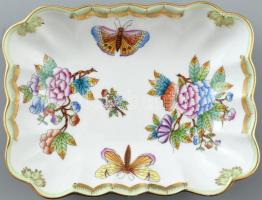 Herendi Viktória mintás porcelán tálka. Kézzel festett, jelzett, kopott 18x14 cm