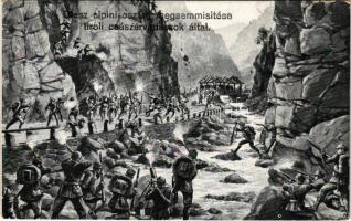 1915 Olasz alpini osztag megsemmisítése tiroli császárvadászok által / WWI Austro-Hungarian K.u.K. military art postcard, Kaiserjäger (Tyrolean Rifle Regiment) against Italian alpinis (EK)