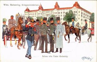 Wien, Stubenring, Kriegsministerium. Schau oba Vater Radetzky / Austro-Hungarian K.u.K. military art postcard, Ministry of War, officers in Vienna. B.K.W.I. Serie 282/8. s: Schönpflug (b)