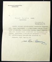 1943 A Kormányzó szárnységédje által írt köszönőlevél Bozó Gyul a éremtervezőnek és grafikusnak