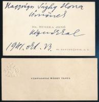 cca 1940 Huszka Jenő (1875-1960) zeneszerző autográf írásával ellátot névjegye + Várpalotai Sághy Ilona névjegye