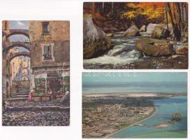 5 db RÉGI művész motívum képeslap (közte 1 modern amerikai város) / 5 pre-1945 art motive postcards (including 1 modern American town-view postcard)