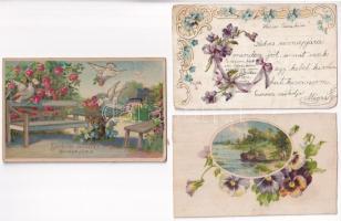 10 db RÉGI művész motívum képeslap: virágos, sok dombornyomott litho / 10 pre-1945 art motive postcards: floral greeting cards, many Emb. litho