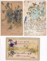 5 db RÉGI (1905 előtti) szecessziós virágos litho üdvözlőlap, dombornyomott is / 5 pre-1905 Art Nouveau floral litho greeting postcards, Emb. also