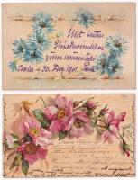 5 db RÉGI (1905 előtti) szecessziós virágos litho üdvözlőlap, dombornyomott is / 5 pre-1905 Art Nouv...