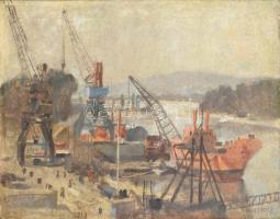 Berki Viola (1932-): Hajógyár a Népszigetnél (Budapest). Olaj, vászon, jelzett. Reprodukálva: Kovács...