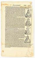 1493 A Hartmann Schedel krónika egy lapja , rajta Kelet-Római császárok: Theodosius, Valentinianus, Marcianus, Leot fametszetű képeivel. Szélén sérült / 1493 wood engraving from the Hartmann Schedel Chronicle with Emperors of Eastern-Roman empire. With damage on the side. 28x46 cm