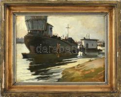 Várdeák Ferenc (1897-1971): Kikötő (Óbuda). Olaj, karton. Jelzett. Kiállítva: Várdeák Ferenc (1897-1...