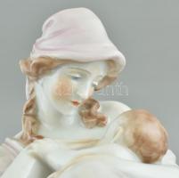 Herendi szoptató anya, kézzel festett, jelzett, apró kopással, m:19 cm