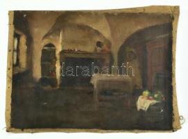 Bruck Miksa (1863-1920): Enteriőr. Olaj, vászon. Jelezve balra lent (halványan). Vakkeret nélkül. 27x37 cm / oil on canvas, signed.
