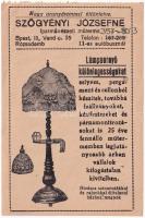 Szőgyéni Józsefné iparművészeti műterme reklámlapja. Lámpaernyő különlegességek. Budapest II. Rózsadomb, Vend utca 15. / Hungarian art workshop advertisement card. Decorative lamps (non PC)