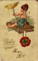 1905 Boldog Újévet! / New Year greeting art postcard with child and champagne, humour. Emb. litho (g...