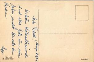 1917 Girl with sled and doll in winter. M. Munk Wien Nr. 1187. s: Mela Koehler (gyűrődés / crease)