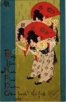 1900 Geisha VI. Asian style Art Nouveau litho s: Raphael Kirchner (szakadás / tear)