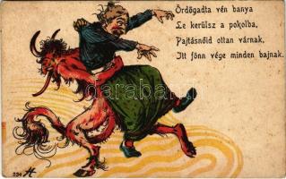 Ördögadta vén banya lekerülsz a pokolba, pajtásnőid ottan várnak, itt fönn vége minden bajnak. Krampusz / Krampus with old hag, litho (EK)