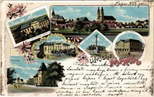 1899 (Vorläufer) Pápa, Irgalmas nővérek zárdája, Református főiskola, Honvéd szobor, Római katolikus iskola, Dohánygyár. Regel & Krug No. 1807. Art Nouveau, floral, litho